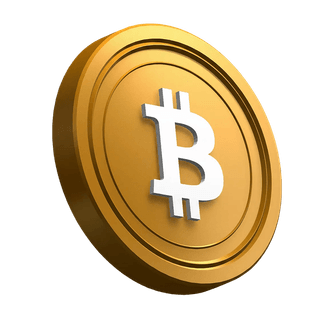 Élément graphique de la section hero représentant une pièce Bitcoin BTC en position inclinée